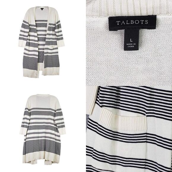 Talbots Cardigan Sweater Blue White Womens Size L Large Long Open Front Cotton - Picture 1 of 7